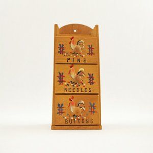 Vintage Sewing Notion Organizer Painted Rooster Wood Drawers Napco Giftcraft